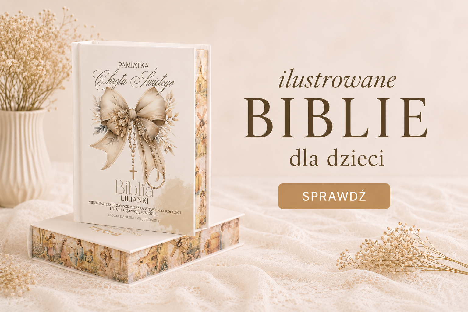 Ilustrowana Biblia dla dzieci na tle jasnego materiału, z ozdobnym napisem "Biblia Lilianki" oraz napisem "Sprawdź".