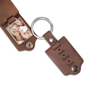 brelok-z-imionami-dzieci-na-froncie-jako-praktyczny-prezent-dla-mamy.jpg Brązowy brelok skórzany z metalowym kółkiem, zawierający zdjęcie i grawerowane imiona: Emilia, Radek, Zuzia.