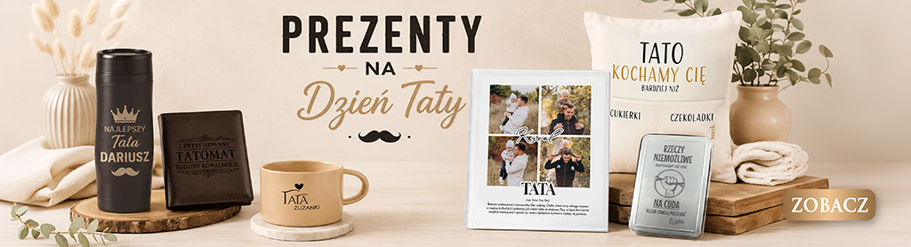 Prezentacja różnych produktów na Dzień Taty, w tym kubek, notes, ramka na zdjęcia i poduszka.