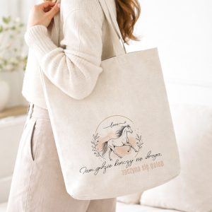 Torba na ramię z ilustracją konia i napisem "Tam, gdzie kończy się droga, zaczyna się galop".