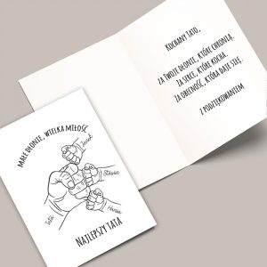 Kartka z rysunkiem pięciu zaciśniętych pięści. Wewnątrz tekst dla taty.