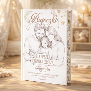Książka z tytułem "Bajeczki dla naszej kochanej córzeczki" z rysunkiem rodziny czytającej razem.