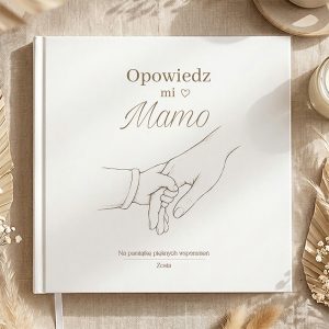 Biały album z rysunkiem ręki dorosłej osoby trzymającej dłoń dziecka oraz napisem "Opowiedz mi Mamo".
