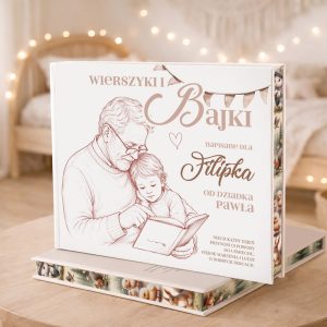 Książka z napisem "Wierszyki i Bajki", z rysunkiem dziadka czytającego wnukowi. Elegancka, z ozdobnym tłem.