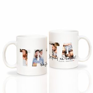 personalizowany-kubek-dla-taty-z-imionami-dzieci.jpg Kubki z osobistym nadrukiem, z imionami Zuzia i Kacper, zawierające zdjęcia rodziny i napisem "Najlepszy na świecie!"