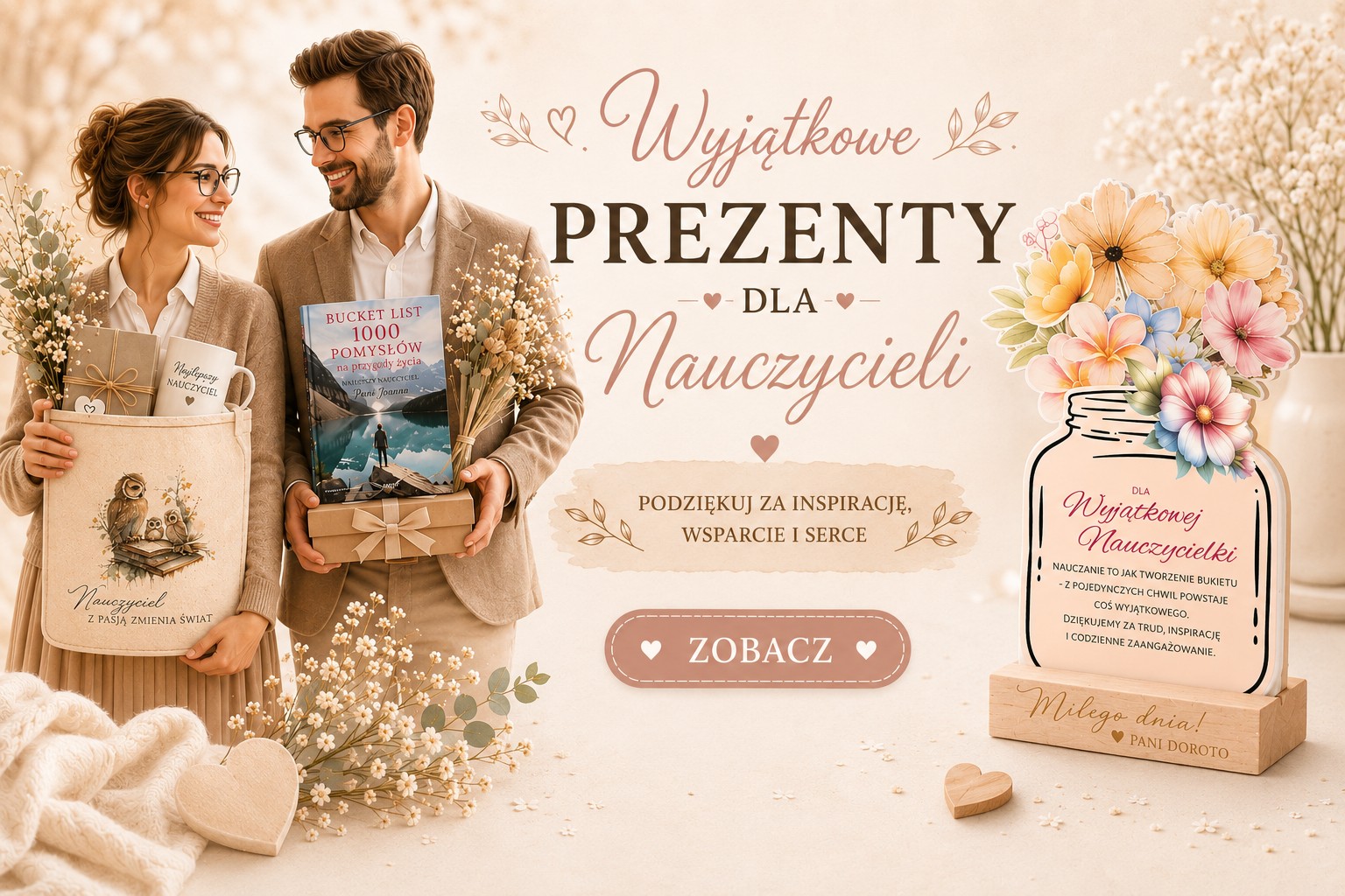 Para trzymająca różne prezenty w stylowym otoczeniu z kwiatami; tekst zaprasza do odkrywania wyjątkowych prezentów dla nauczycieli.