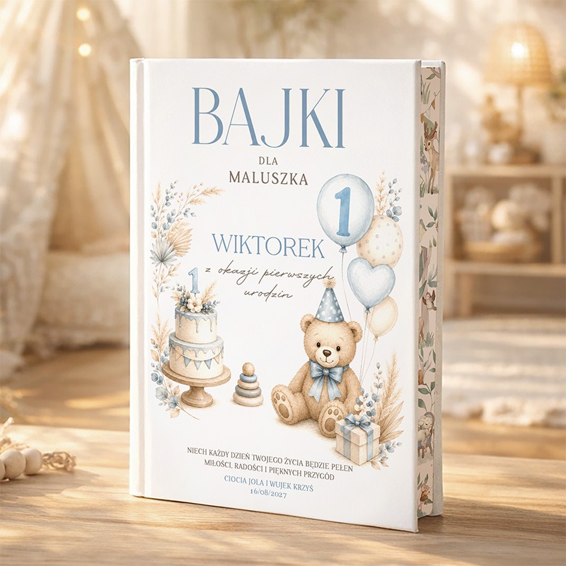 Okładka książki z tytułem "BAJKI DLA MALUSZKA", ozdobiona ilustracjami tortu, misia i balonów, z numerem 1 na froncie.