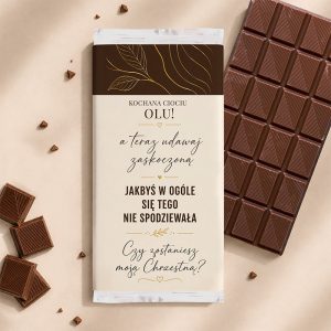Personalizowana czekolada z prośbą o bycie Chrzestną to elegancki prezent dla przyszłej Matki Chrzestnej.