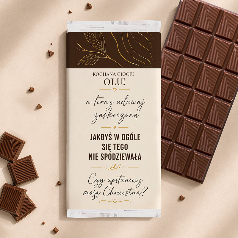 Personalizowana czekolada z prośbą o bycie Chrzestną to elegancki prezent dla przyszłej Matki Chrzestnej.