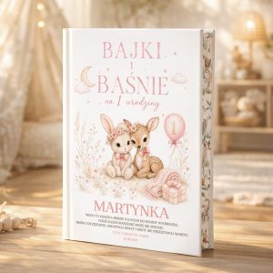 Personalizowana książeczka z bajkami na roczek dla dziewczynki ma okładkę z imieniem i dedykacją.