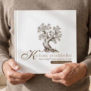 Personalizowana książka wspomnień dla pradziadka ma elegancką okładkę z grafiką drzewa rodzinnego.