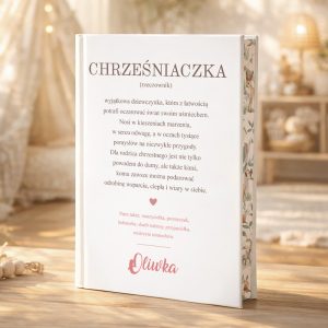 Personalizowana książka z bajkami dla chrześniaczki ma okładkę z definicją słowa „Chrześniaczka” i imieniem dziecka.