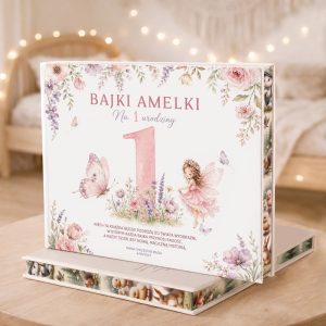 Personalizowana książka z bajkami i wierszami na roczek dziewczynki ma okładkę z imieniem i dedykacją.