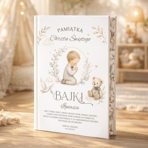 Personalizowana książka z bajkami na Chrzest chłopca ma okładkę z imieniem, życzeniami i datą.