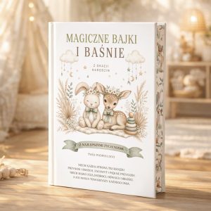 Personalizowana książka z bajkami na narodziny dziecka od pracodawcy ma okładkę z logo i dedykacją.
