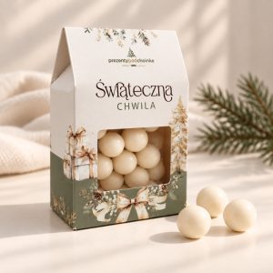 Słodki prezent bożonarodzeniowy z drażetkami i świąteczną grafiką.