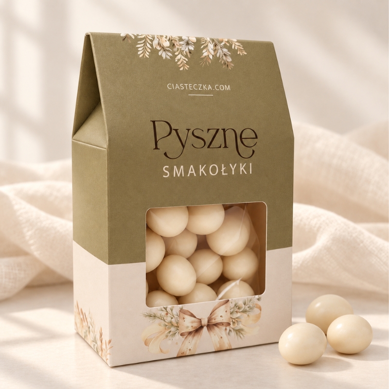 Draże w ozdobnym oliwkowo-kremowym pudełeczku z przezroczystym okienkiem, roślinną dekoracją i napisem „Pyszne Smakołyki” jako słodkie podziękowanie dla gości.