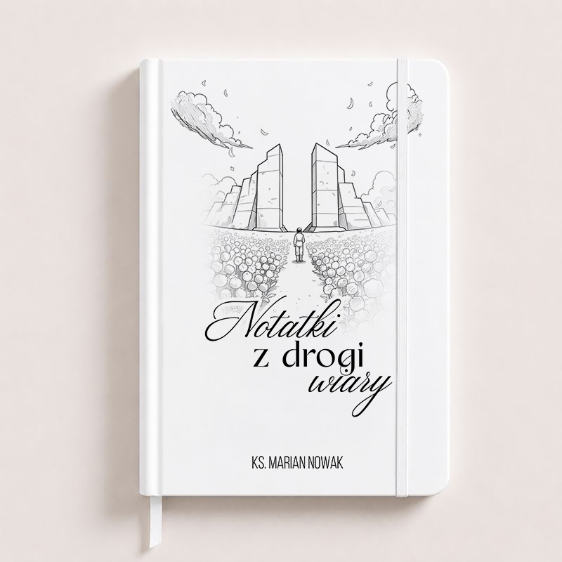 Biały personalizowany notatnik dla księdza z religijną grafiką i napisem „Notatki z drogi wiary”.