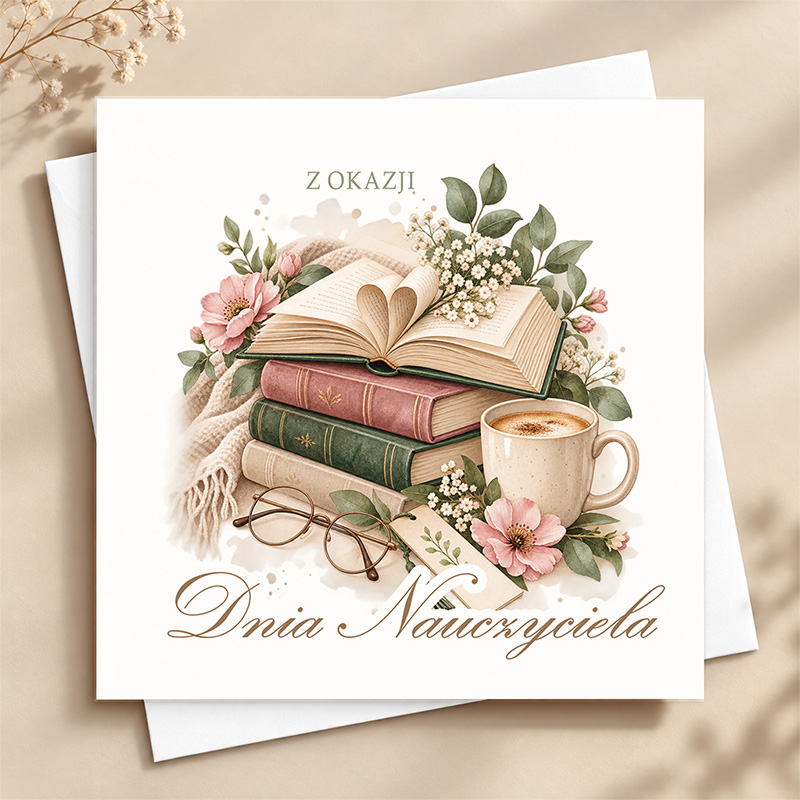 Kartka z okazji dnia nauczyciela z życzeniami.