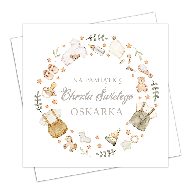 Kartka z życzeniami na chrzest w jasnych barwach. Idealna jako personalizowana pamiątka na długie lata.