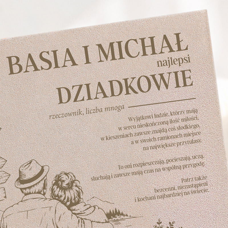 Personalizowany album welurowy na wiele okazji z definicją słowa dziadkowie. Wyjątkowy prezent dla dziadków na Dzień Babci i Dziadka, święta, a nawet bez okazji.