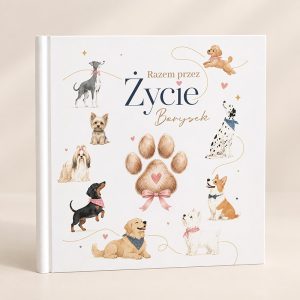 Personalizowana księga psa na zdjęcia i wspomnienia z napisem na okładce „Razem przez życie” i imieniem pupila.