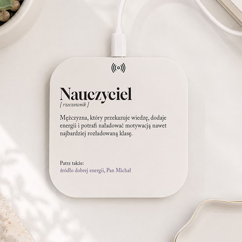 Ładowarka indukcyjna prezentowa dla nauczyciela. Kreatywny prezent na dzień nauczyciela.