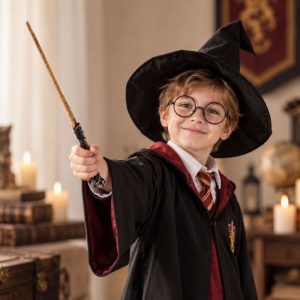 rozdzka-czarodzieja-gadzet-dla-milosnika-harrego-pottera.jpg Chłopiec w przebraniu czarodzieja z magiczną różdżką.