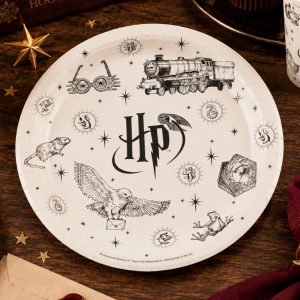 Papierowy talerzyk ze znaczkiem Harry Potter i czarodziejskimi ilustracjami.
