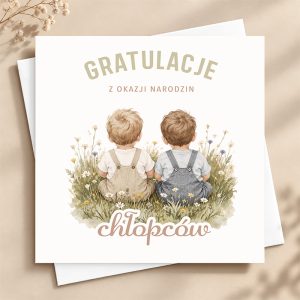 Kartka dla rodziców bliźniąt z pastelową ilustracją chłopców oraz napisem gratulacyjnym.