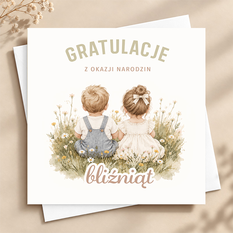 Kartka z gratulacjami z okazji narodzin bliźniąt – chłopca i dziewczynki – z delikatną ilustracją dzieci.