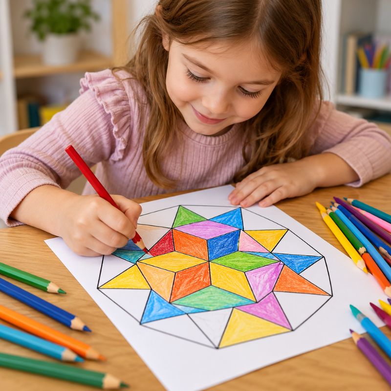 Dziewczynka koloruje kredkami geometryczną mozaikę podczas kreatywnej zabawy plastycznej.