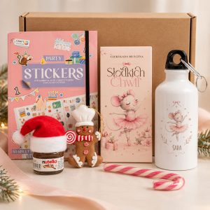 Różowy zestaw świąteczny dla dziewczynki zawiera personalizowany bidon z myszką baletnicą, czekoladę, mini Nutellę i słodkie niespodzianki.